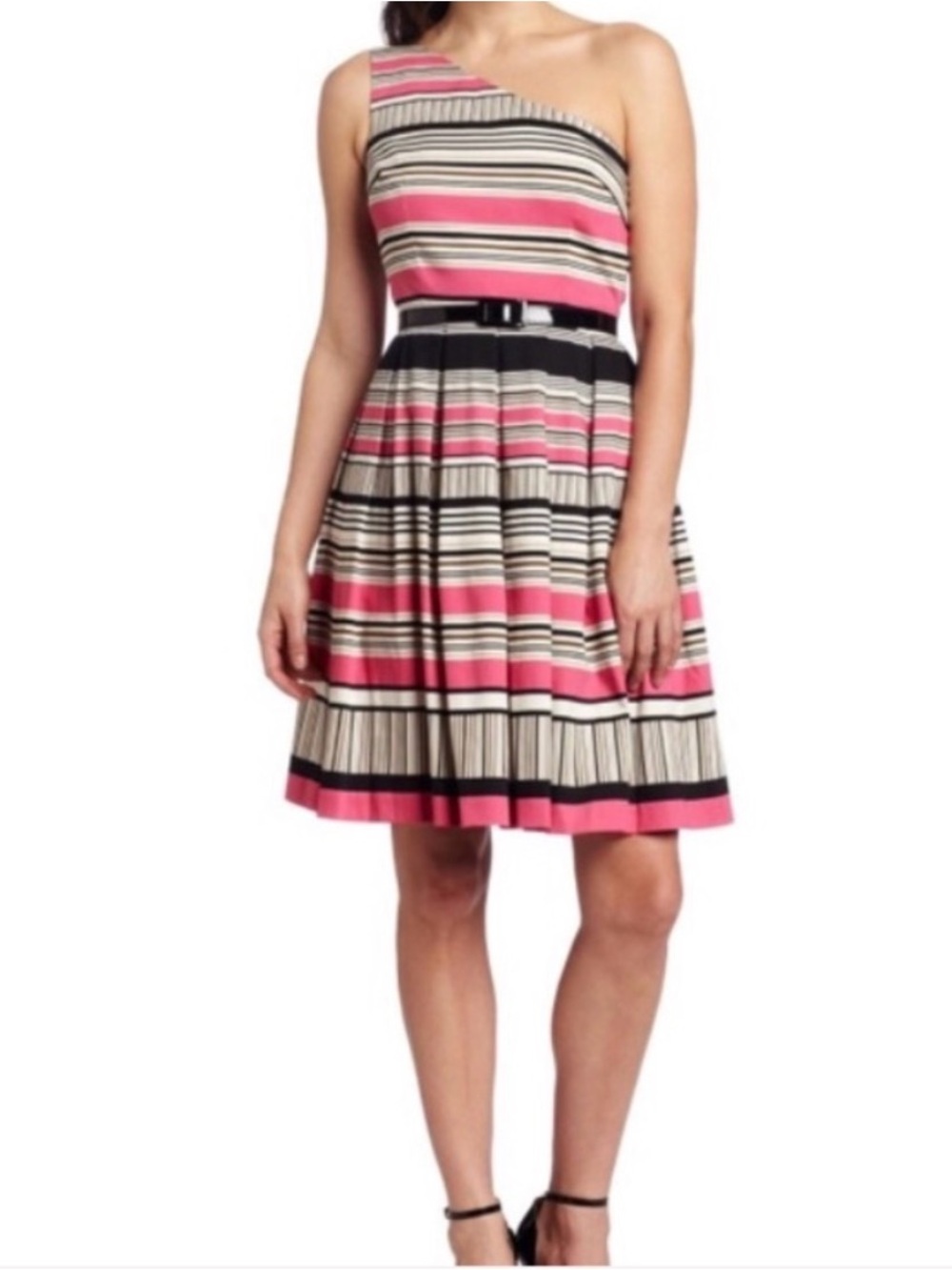 London Times Black, White and Pink Striped one shoulder Dress